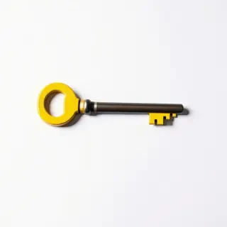 A single, isolated key on a plain white background, designed in a flat design style, with a bright, vibrant mustard yellow color, full-body view, with the key's teeth and handle clearly visible, wide shot, with plenty of empty space around the key