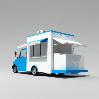 A sleek, modern, blue food truck with a minimalist design, serving gourmet street food, on a plain white background, in a wide shot with the truck's wheels and entire body visible, under a bright and sunny sky with no clouds, in the style of a digital illustration with bold lines and vibrant colors, on a plain white background, even lighting 