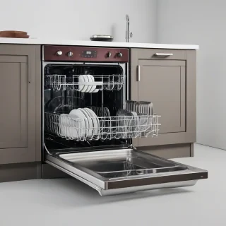 Dishwasher, cozy rustic style, with deep colors, on a plain white background, even lighting