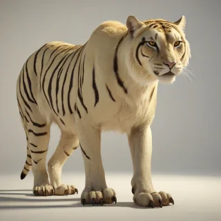 A large saber tooth cat with a thick, creamy yellow coat and dark brown stripes, standing in a wide shot with its feet visible, on a plain white background, with a warm, golden backlight and dynamic shadows, in the style of a digital illustration, on a plain white background, even lighting 