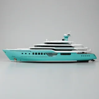 A sleek, turquoise ship with a modernist design, featuring clean lines, geometric shapes, and a metallic sheen, set against a plain white background, in a wide shot with the entire vessel visible, including the hull, deck, and mast, with a subtle gradient of turquoise hues to convey a sense of depth and dimensionality, and a hint of reflection on the water's surface to add a touch of realism, on a plain white background, even lighting