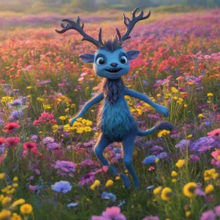 Cute cartoon animation style wendigo creature with soft and cute features, frolicking in a colorful flower field, soft lighting, peaceful sunset, happy mood