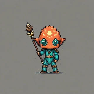 Chibi pixel art style, old sky creature holding a staff, on a plain white background, even lighting