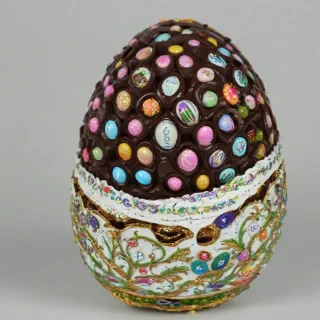 Fabergé egg made from chocolate, with details made out of candy, on a plain white background, even lighting