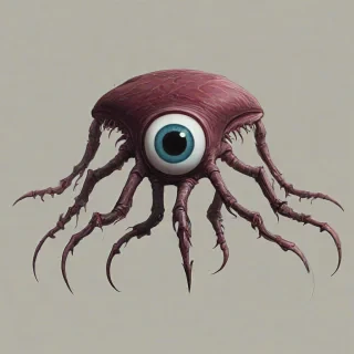 cel shaded, bold lines, giant with claw hands, and one giant eyeball on its head, maroon in color, on a plain white background, even lighting