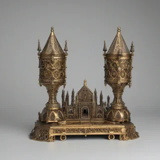 A intricately designed, bronze, Gothic-style gadget, with ornate details and patterns, in a wide shot, full-body view, on a plain white background, with a sense of mysticism and ancient technology, featuring a mix of medieval and industrial elements, with a warm, golden lighting and deep shadows, on a plain white background, even lighting