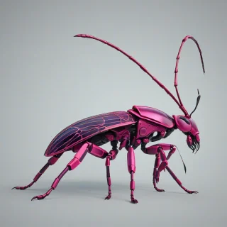 A full-body view of a stylized, modernist insect with a magenta exoskeleton, standing on a plain white background, with bold geometric shapes and clean lines, in the style of a 1920s art deco illustration, with a wide shot and the insect's feet visible, in a digital art style with a mix of 2D and 3D elements, on a plain white background, even lighting