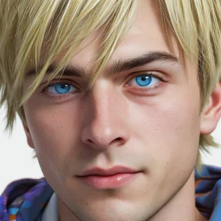 A close-up, highly detailed, full-face view of a male anime character's head with short, spiky blonde hair, blue eyes, and a slight smile, set against a plain white background, in a vibrant, digital art style with bold lines and bright colors, with a focus on the character's facial expression and hair texture, wide shot, feet not visible, on a plain white background, even lighting