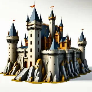 A highly detailed, full-view, wide-shot of a medieval realistic castle with towers, battlements, and a moat, set against a plain white background, with a warm golden lighting and dynamic shadows, in the style of a digital illustration, with a focus on architectural details and textures, full-body view, on a plain white background