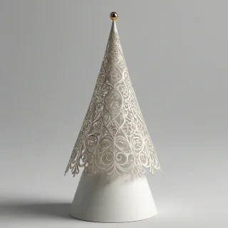 modern Christmas tree that is one smooth cone shape, with filigree, on a plain white background, even lighting