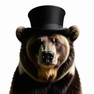 A grizzly bear wearing an oversized top hat that tips down over one of its eyes