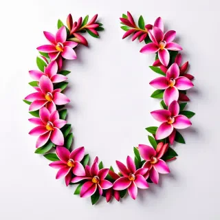 A full-body view of a fuchsia Hawaiian lei on a plain white background, with a wide-angle shot, made of orchids and plumeria flowers, in a digital art style with vibrant colors and dynamic shadows, with the lei being the main subject and no other objects or characters in the scene
