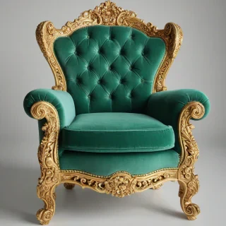 A intricately carved, Emerald green, Renaissance-style armchair with gold accents, in a full-body view, on a plain white background, with soft, warm lighting and a slight sheen to the upholstery, in the style of a digital illustration, on a plain white background, even lighting