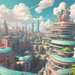 A pastel anime city scene with solarpunk inspired architecture, featuring curved lines, green roofs, and solar panels, set against a bright blue sky with fluffy white clouds, in a wide shot with the entire city visible, on a plain white background, in a digital art style with soft textures and vibrant colors