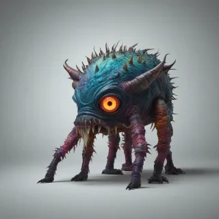 colorful, eerie monster with glowing eyes, on a plain white background, even lighting