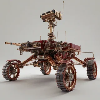 A detailed, full-body view of a rover, named Red, with a metallic red finish, set against a plain white background, in a Renaissance art style, with intricate details and textures, illuminated by a soft, golden light, with a wide-angle shot, showcasing the rover's robotic arms and wheels, in a highly realistic and detailed manner, on a plain white background, even lighting