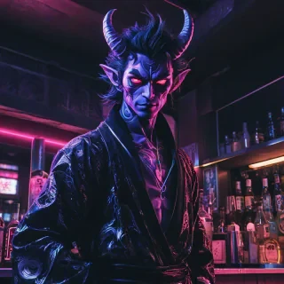 A mystical, iridescent demon in a couture-inspired, anime-style outfit with a subtle, shimmering glow on his skin, leaning against the exterior wall of a dimly lit bar with neon lights illuminating the dark night outside, in the style of traditional Japanese manga, with a focus on mystical and dark themes, avoiding revealing or suggestive attire, with the demon's body obscured by a flowing, hooded cloak and the focus on the mystical atmosphere and neon lights.