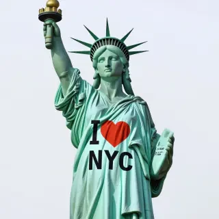 The statue of liberty wearing an "I Love NYC" T-shirt