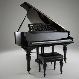 A highly detailed, full-body view of a grand piano, with polished black finish, sitting on a plain white background, with a wide-angle shot, and dramatic lighting, in the style of a luxury product photography, with intricate details on the piano's legs and pedals, and a sense of depth and realism, on a plain white background, even lighting 