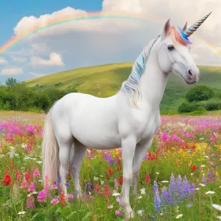 A beautiful, shimmering unicorn with a rainbow-colored mane and tail, standing in a lush, vibrant meadow filled with wildflowers, under a bright, sunny sky with a few puffy white clouds, full-body view, wide shot, feet visible, on a plain white background, in the style of a fantasy digital illustration