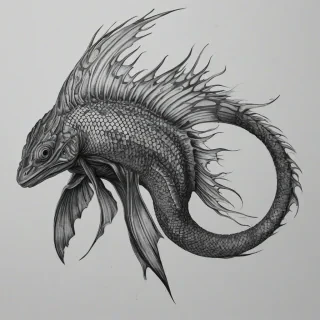 A full-body view of a majestic sea creature, drawn in a detailed charcoal anime style, with intricate scales and flowing fins, set against a plain white background, with dynamic shading and expressive lines, in a wide shot, with the creature's entire body visible, including its tail and fins, in a dramatic pose, as if swimming through the ocean, on a plain white background, even lighting