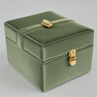 olive green velvet box with gold clasp, on a plain white background, even lighting