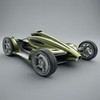 A photorealistic, full-body view of a futuristic transportation device, named Olive, with a metallic olive green finish, gull-wing doors, and sleek, aerodynamic design, set against a plain white background, with soft, natural lighting and subtle reflections, in a wide shot, with the device's wheels and landing gear visible, and a sense of depth and dimensionality, in the style of a high-end automotive photograph, on a plain white background, even lighting