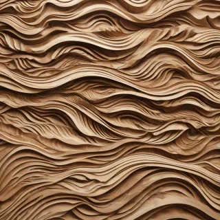 large, approximately 8’ by 4’ rectangular wooden wall panel installation. It features intricate, flowing wave-like patterns carved into the wood, creating a sense of movement and texture. The wood has a natural grain with varying shades of brown, beige, and light tan, giving it a warm and organic appearance. The carving appears to be deep and three-dimensional, with smooth, undulating ridges and valleys that mimic the flow of water or sand dunes., on a plain white background, even lighting