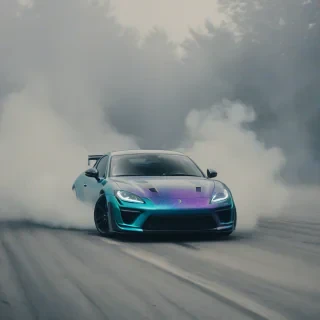 iridescent sports car drifting through a cloud of smoke on the ground from a low camera angle, capturing the dynamic motion and misty atmosphere.