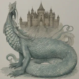 A full-body view of a majestic, serpentine underwater creature, with iridescent aquamarine scales that shimmer in the soft, diffused light of the ocean, set against a plain white background, in a medieval, mythical art style, with intricate, hand-drawn details and textures, wide shot, with the creature's body curled around a sunken, ancient castle, with schools of small fish darting through the ruins, and the creature's eyes glowing with a soft, ethereal light, on a plain white background, even lighting 