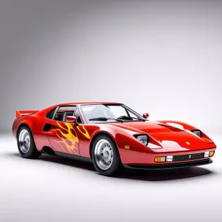 A full-body view of a sleek, ruby red, vintage sports car with a vaporwave aesthetic, set against a plain white background, with orange flames painted on the side of its glossy surface, and a wide-angle shot to capture its curves and lines, in a digital art style with vibrant, pastel colors and subtle gradients, with a racing stripe running along its side and a spoiler at the back, but with specks of orange, green, and bright pink paint splattered randomly across its surface.