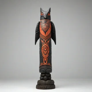Dark fantasy totem pole featuring a salmon, full-body view, on a plain white background