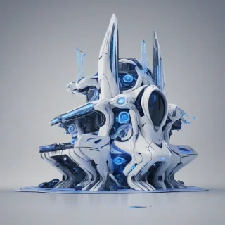 A futuristic biopunk building with blue neon lights and organic architectural elements, full-body view, wide shot, with visible foundations and surroundings, set against a plain white background, in a digital art style with high contrast and dynamic shadows, on a plain white background, even lighting 