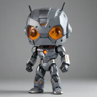a grey mecha suit in a funko pop style with an enlarged head, vibrant grey tones and bold lines on a plain white background with even lighting
