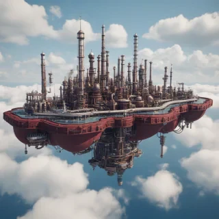 A majestic, maroon-colored floating island with a dense, industrial-style cityscape, featuring intricate networks of pipes, metallic skyscrapers, and steam-powered machinery, set against a clear blue sky with a few puffy white clouds, in a wide shot with the entire island visible, on a plain white background