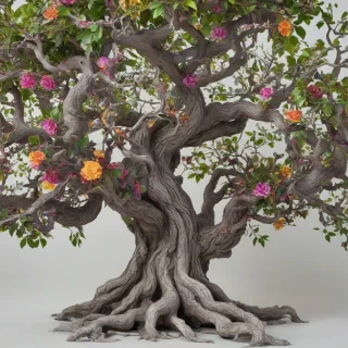 A majestic, enchanted tree named Plum, with a sturdy trunk and sprawling branches, adorned with vibrant, glowing leaves and colorful, exotic flowers, set against a plain white background, in a Baroque style, with intricate details and ornate patterns, full-body view, wide shot, with the tree's roots visible, and a soft, warm lighting, with dynamic shadows, on a plain white background, even lighting
