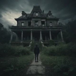 A creepy, abandoned, and decrepit old mansion with overgrown gardens and a dark atmosphere, full-body view, wide shot, feet visible, digital art style, with hard rim light and dynamic shadows