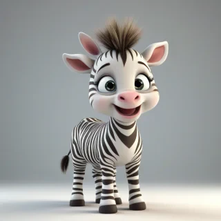 A cartoon style cute baby zebra with a smile, in 3D animation style, full-body view, with bright and vibrant colors, standing on a plain white background, with a wide-angle shot, and dynamic lighting, featuring a small, rounded body, large eyes, and a tiny nose, with a happy and playful expression, on a plain white background, even lighting, on a plain white background, even lighting 