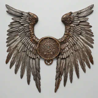 worn and rusted, Valkyrie wings, with intricate details, on a plain white background, with no other objects, animals, or humans in sight, wings only thing in image, no body, on a plain white background, even lighting