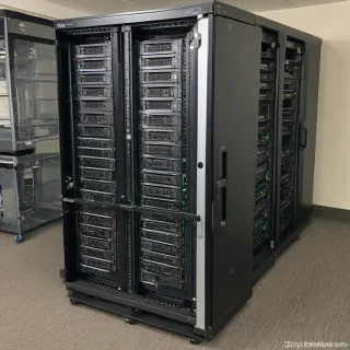 Ultra-photorealistic 42U APC NetShelter SX (AR3100) server rack with both front and rear perforated doors fully open, black metal frame, completely loaded with real Dell PowerEdge R760/R750 & HPE ProLiant DL360 Gen11 servers, every single component crystal-clear: front bezels, handles, rail kits, blinking blue/amber LEDs, colored Cat6A cables with velcro ties, cable management arms, rear PDUs visible, top brush strips, side vents, subtle dust & fingerprints, cold aisle lighting, 8K PBR textures, perfect topology, GLB-ready, ultra-realistic data center style, 45° front view --style photorealistic --quality max, on a plain white background, even lighting