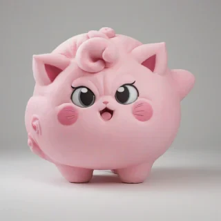 A full-body view of Jigglypuff, a pink, round Pokémon, standing on a plain white background, with a soft, puffy appearance, and a singing expression, in a digital art style with bold lines and bright colors, with a wide-angle shot and dynamic shadows
