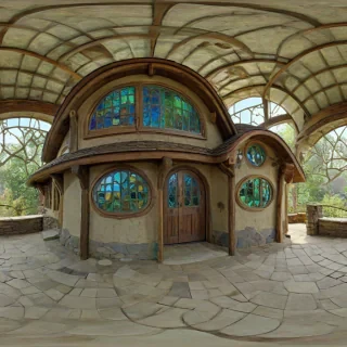 exterior of hobbit house in medieval style, with rustic colors, rounded windows, stained glass windows, and a stained glass dome roof, bright lighting, wide angle shot, full house visible, on a plain white background, even lighting
