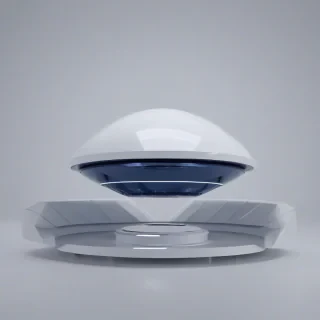 a futuristic, navy blue, floating island with a metallic sheen, set against a plain white background, in a wide shot with the island's base visible, illuminated by a soft, ethereal glow, with sleek, sci-fi architecture and a sense of weightlessness, full-body view of the island, on a plain white background, even lighting 