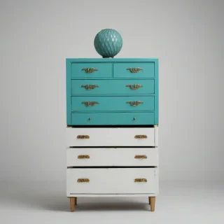 Turquoise contemporary chest, wide shot, full-body view, on white background, on a plain white background, even lighting 