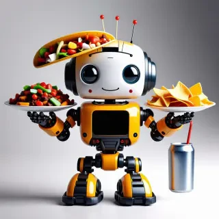 A small, yet happy little robot with four arms. It holds a taco in one hand, a small plate of nachos in another hand, a fajita in another hand, and a can of soda in another hand.