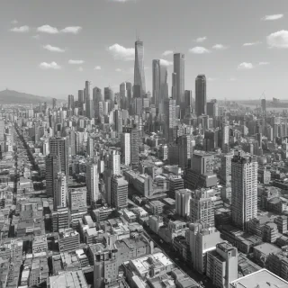 A wide shot of a detailed anime cityscape in a black and white color scale, with tall skyscrapers and bustling streets, set against a plain white background, in a digital art style with bold lines and dynamic shading, full-body view of the city