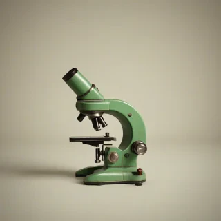 A vintage, green, grunge-style microscope on a plain white background, with a wide-angle view, soft natural lighting, and a shallow depth of field, in a digital art style with subtle texture and minimal shadows, full-body view of the microscope with all parts visible, including the stage, lenses, and adjustment knobs