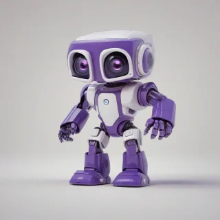 A cute, purple and white video game robot with a stumpy body, big eyes, and a cubic face, standing in a full-body view with its feet visible, on a plain white background, in a comic book art style with bold lines and bright colors, with a wide-angle shot and bright lighting, on a plain white background, even lighting 