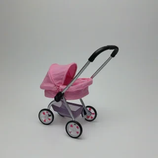 a toy doll stroller, on a plain white background, even lighting