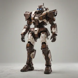A full-body view of a heavily armored mech suit, with a metallic exoskeleton and vibrant, chocolate-brown accents, set against a plain white background, in a grunge art style with bold brushstrokes and textured details, wide shot with feet visible, on a plain white background, even lighting 